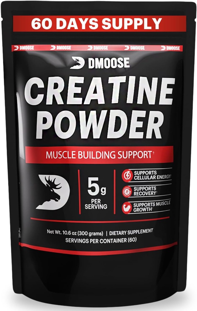 DMoose Creatin Monohidrat pulbere - Creatin pulbere pentru musculare Gain & Suplimentul de recuperare - 300g per Serv (5g) 2 Scoops - 60 Servings