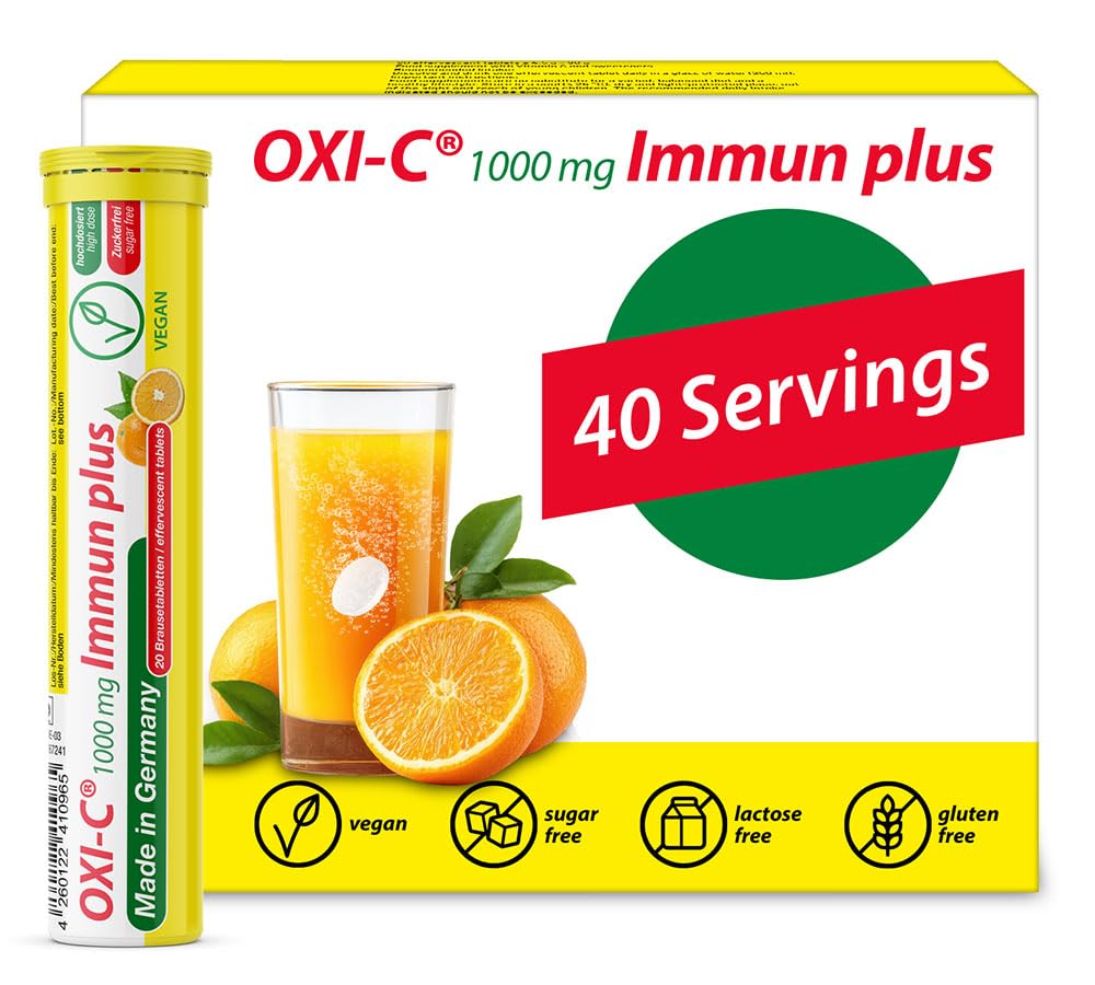 T&D Oxi C 1000 mg Vitamina C - 40 Vegan Drink Efervescent Tablets - Orange Flavor - Made in Germany