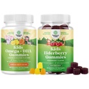 Bundle de Gume Omega DHA pentru copii - acizi grasi Omega 3 6 9 cu vitamina C pentru creier, Imunitate & Viziune și sambucus gume de soc pentru copii Sănătate cu zinc și vitamina C pentru suport imunitar