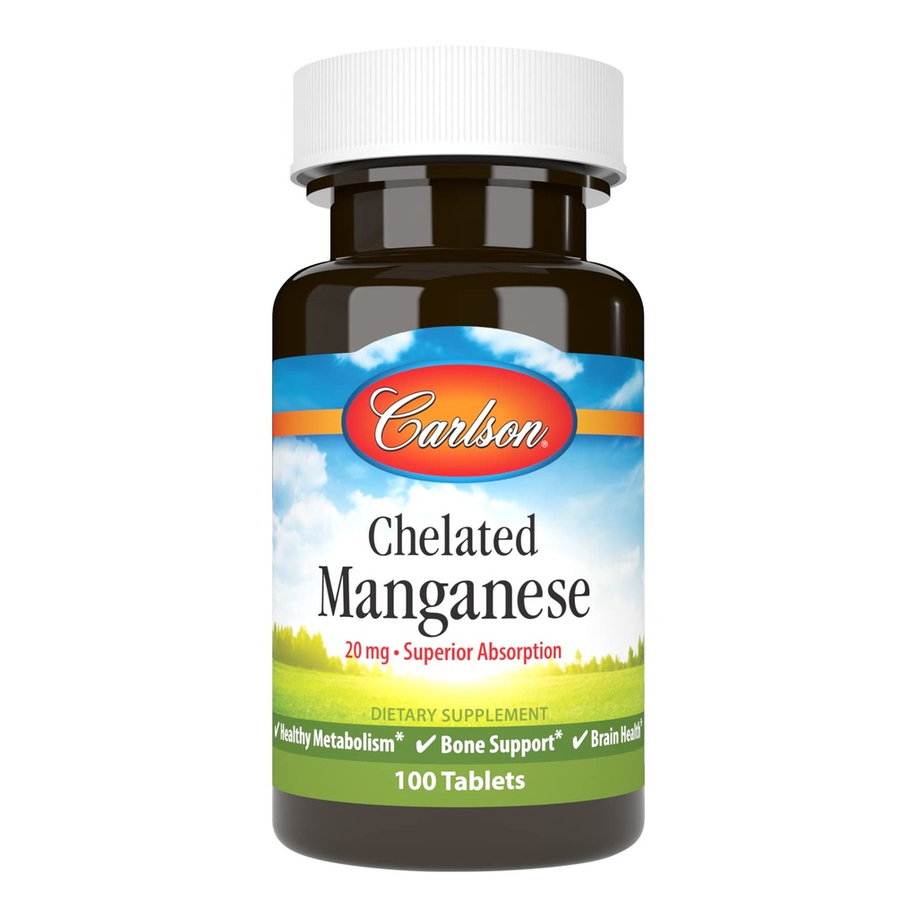 Carlson - Mangan Chelated, 20 mg, Absorbţie superioară, Metabolizare sănătoasă, Asistenţă osoasă şi Sănătatea creierului, 100 comprimate