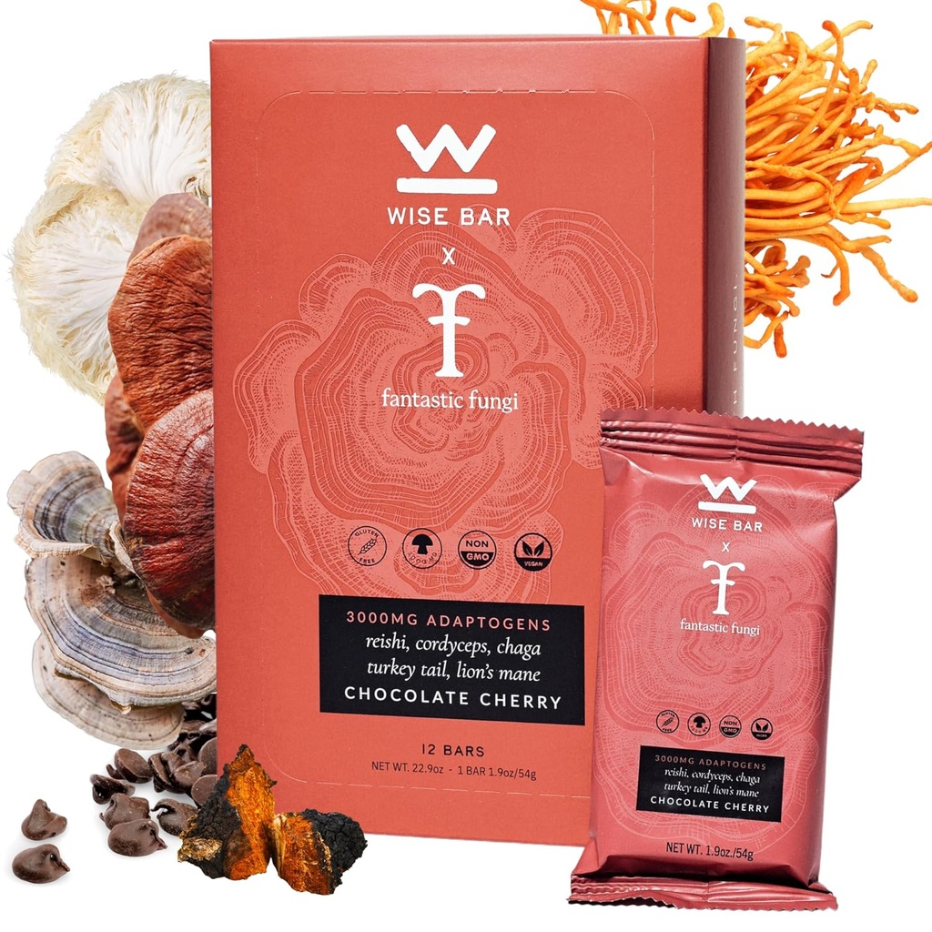 Bar de Wise Adaptogen Mushroom Nutrition Bars cu Reishi, Lions Mane & Ashwagandha, Organic Vegan & Gluten Free Snacks for Natural Focus, Energy & Imunity Support, Chocolate Cherry Flavor, 12 Conte
