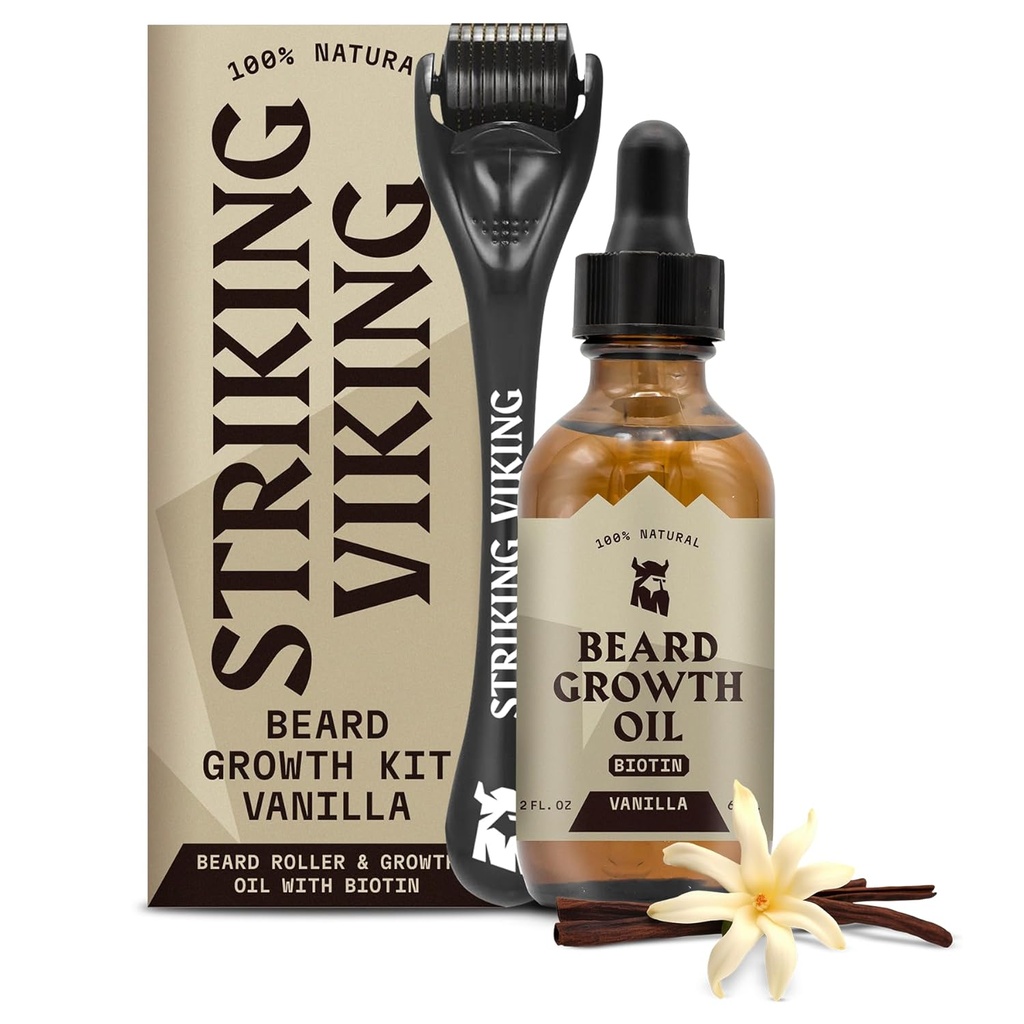 Ulei viking de creștere barbă - 2 fl oz, Pachet de 1, Vanilie - îngroșare ulei de barbă cu Jojoba și extracte de argan - Promovează creșterea facială a părului și ținte zone patchy - Biotin fortificat