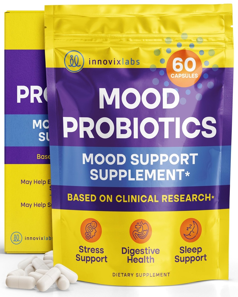InnovixLabs Mood Probiotic pentru femei și bărbați, Studiat clinic Digestive & Mood Supplement, Lactobacillus helveticus Rosell-52ND & Bifidobacterium longum Rosell-175, 60 Capsule