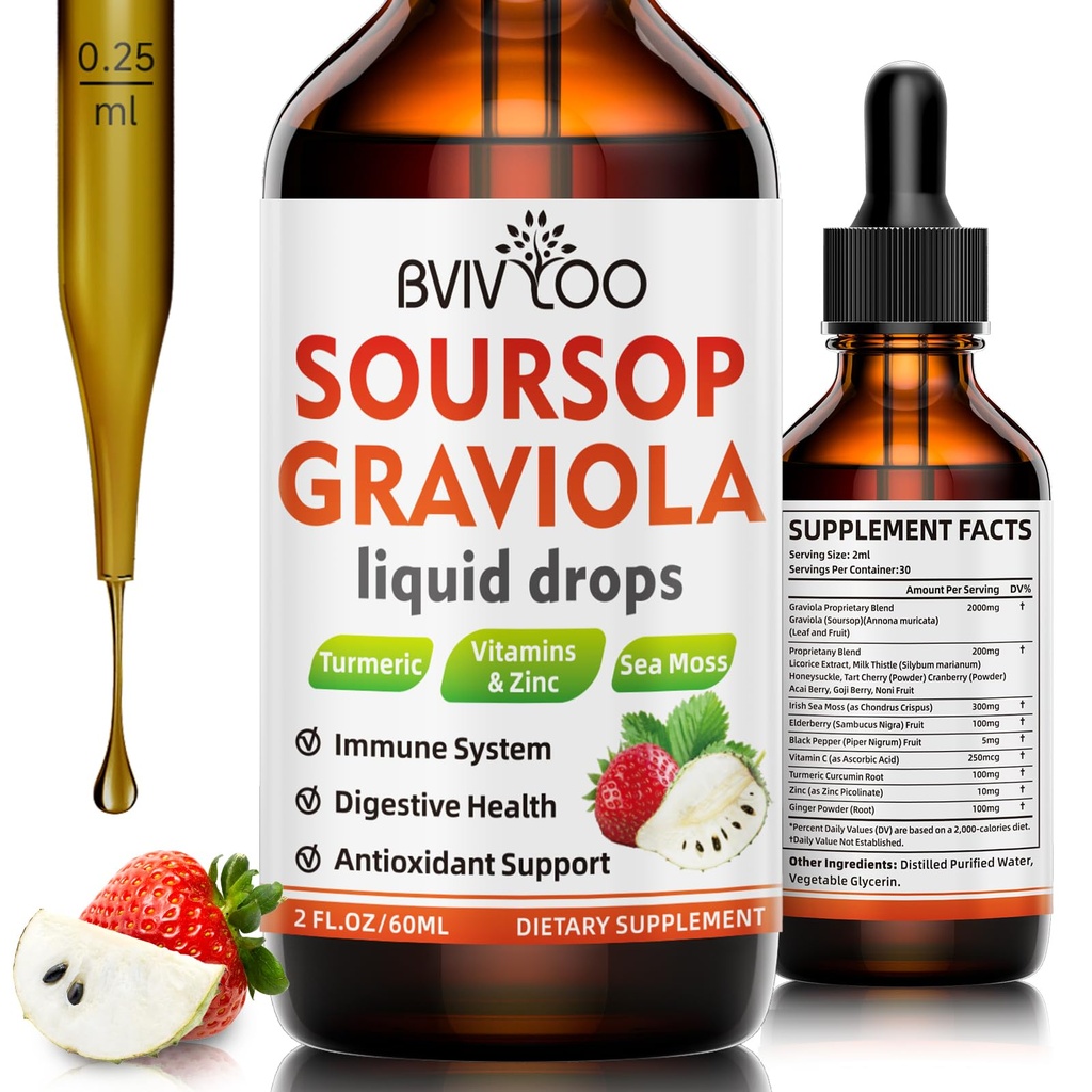 Soursop Graviola Picături lichide pentru Suport Cell & Regenerare, Immune Boost, Relaxați-vă, Ficat și somn, Soursop Bitters lichid, Zahăr/Gluten gratuit, Aroma naturală de căpșuni - 2 Fl Oz (60ml) Flacon