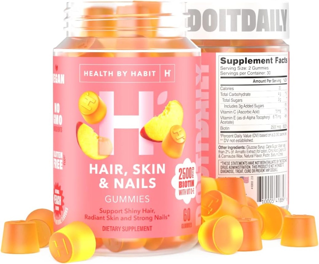 Sanatate dupa obiceiul de par, piele si unghii Supliment (60 Gumies) - 2500mcg Biotina, vitamina C, vitamina E, unghii puternice, aromă de piersici, Vegan, gluten gratuit, non-GMO