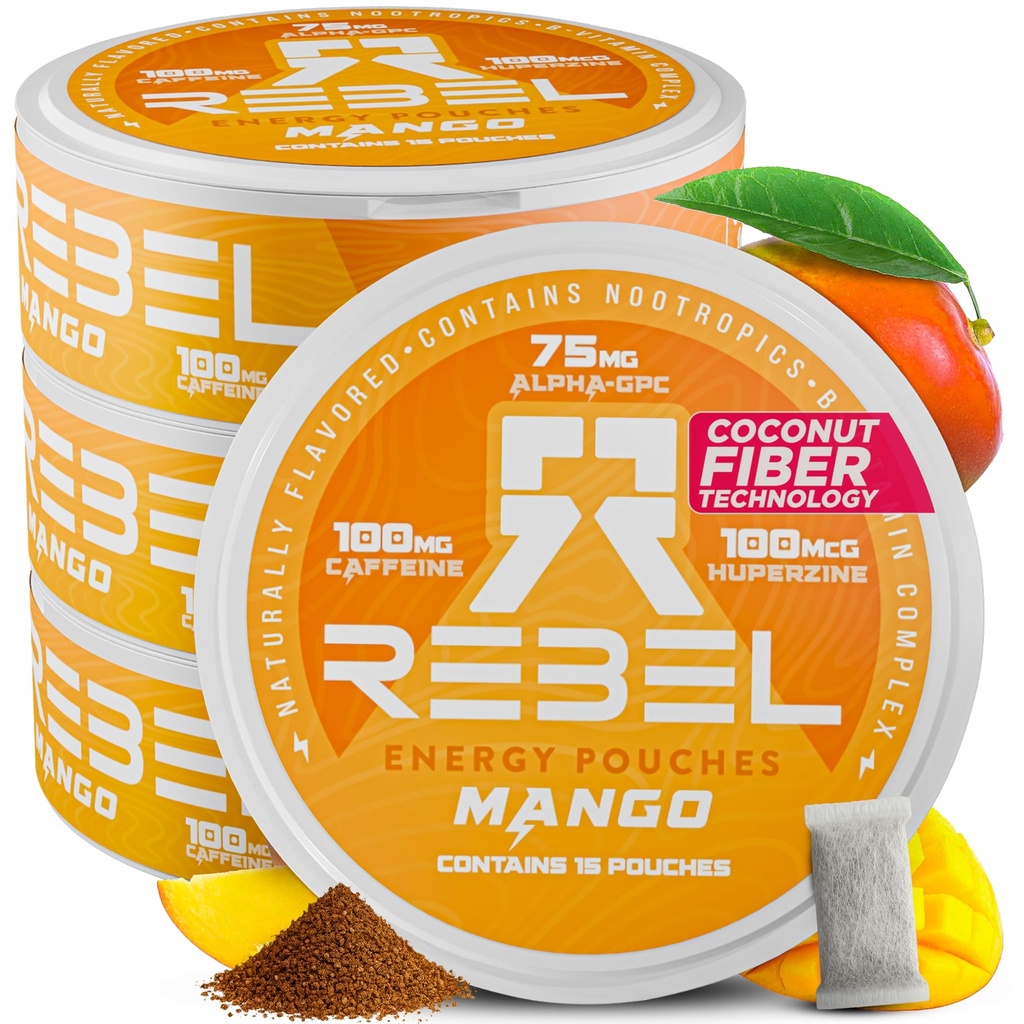 Nootropic Energy Cafeina Poches • 100 mg Cafeina • Alpha GPC • Huperzine A & Vitamine esentiale • Zahăr-Free • Tehnologie Fibra de cocos • Aroma de mango • 15 pungi per cutie (Pachet de 4)