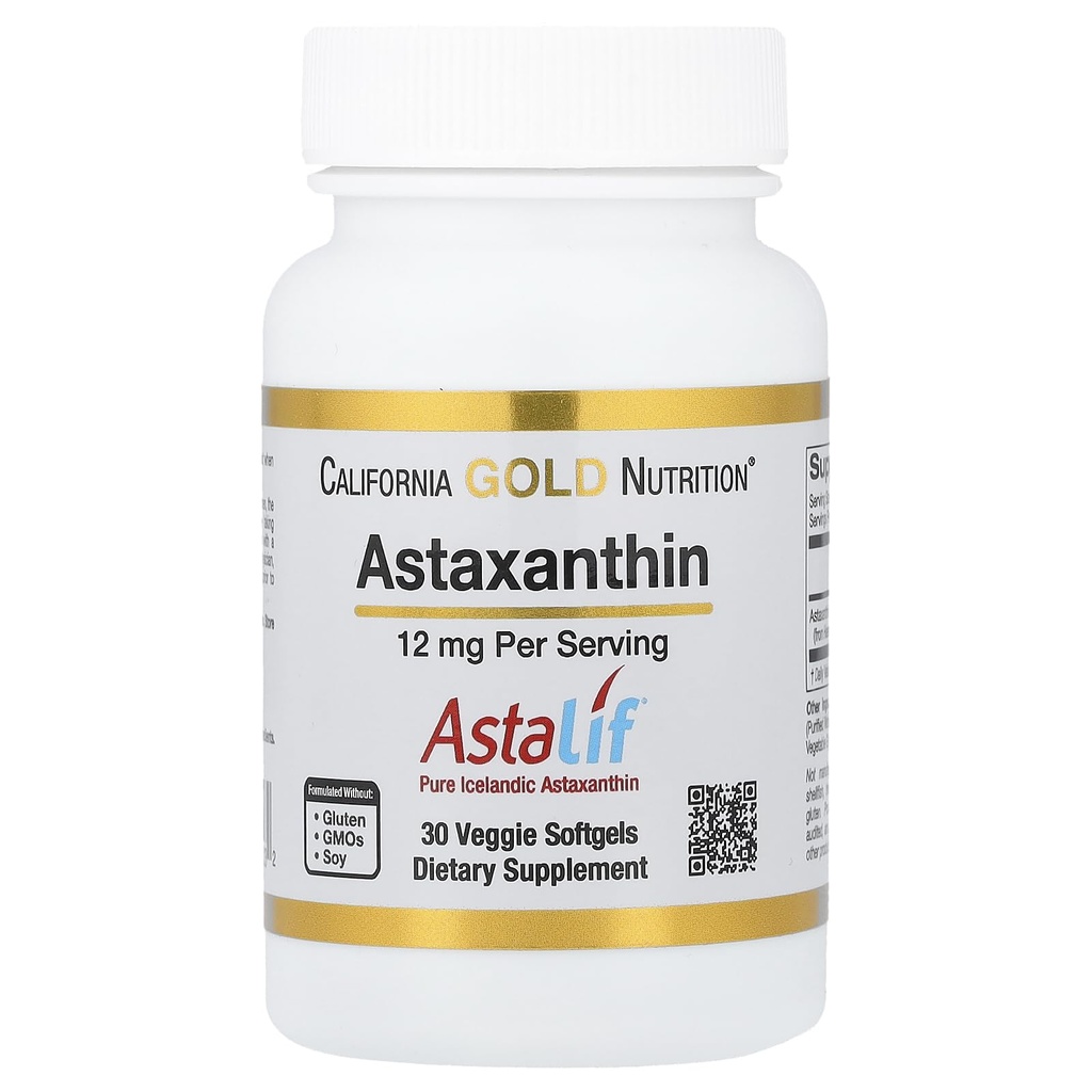 Astaxantină de California Gold Nutrition - Featuring AstaLif® Pure Islandan Astaxantină - Gluten Free, Non-GMO - 12 mg - 30 Veggie Softgels