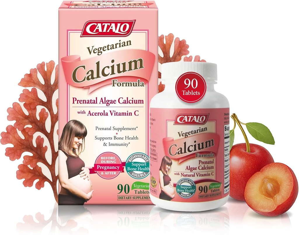 CATALO Vegetarian Suplimente de calciu pentru femei - Alge roșii pe bază de plante Calciu cu magneziu și vitamina C pentru absorbție îmbunătățită - 90 comprimate