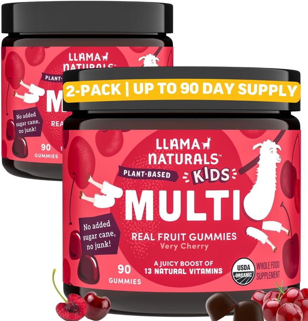 Llama Naturals Kids Multivitamine Gummies, Vegan, Organic cu vitamina D, C & K, Toddler Real Fruit Gummy Vitamine, Chembable Supplement, Whole Food Multivitamine, No Added Sugar Cane, Cherry, 2 Pk