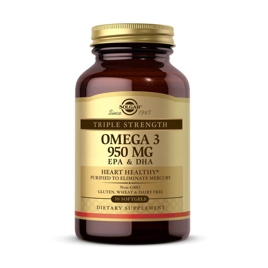 Solgar Triple Putere Omega 3 950 mg - 50 Softgels - Susţine sănătatea articulară şi cutanată - non-GMO, gluten gratuit, lactate gratuit - 50 Serviri
