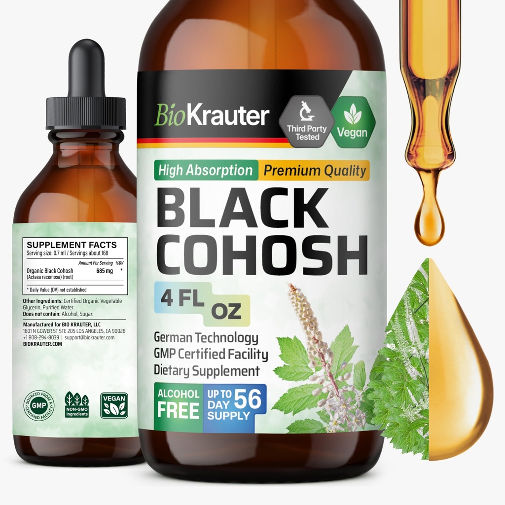 BIO KRAUTER Black Cohosh Tincture - Black Vegan Cohosh Suplimente Femei Suport - Alcool și zahăr gratuit - 4 Fl.Oz.