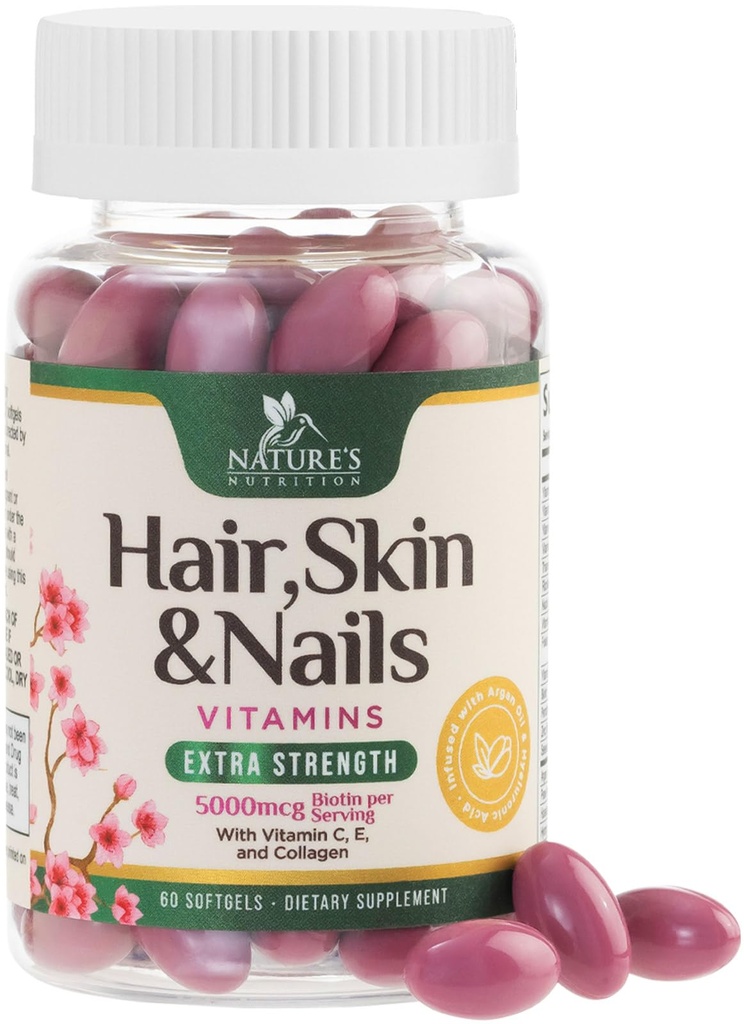 Păr, Piele și unghii Vitamine pentru femei - Biotin 5000mcg pentru a sprijini creșterea părului cu ulei de argan, Colagen & Acid hialuronic, Piele frumoasă, mai puternică, supliment de vitamine păr și unghii - 60 Softgels