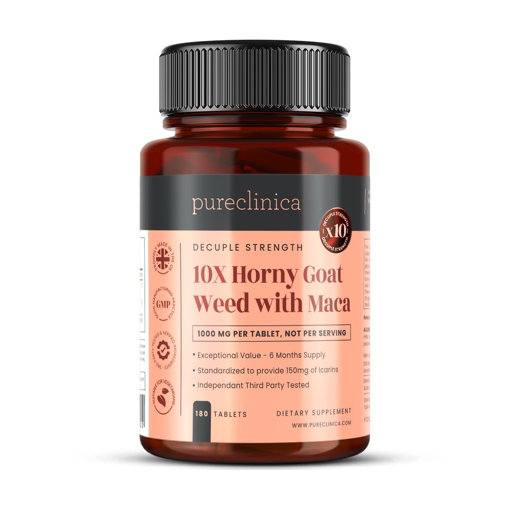 pureclinica 10X Horny Goat Buruieni & Maca Extract 6250 mg x 180 comprimate (6 luni de aprovizionare) -10 X mai multe Icariine - w/5mg Extract de ardei negru pentru 300% Absorbție crescută