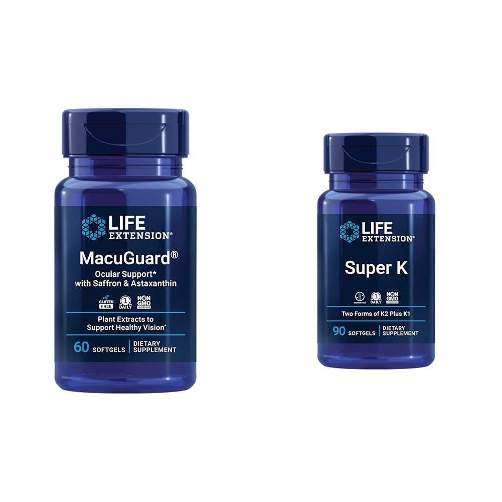 Life Extensie Macuguard Eye Health Supliment cu Lutein, Meso-Zeaxanthin, Saffron & Astaxantină - 60 Conte și Super K Vitamina K1 K2 MK-7 MK-4 Vitamina C - 90 Softgels