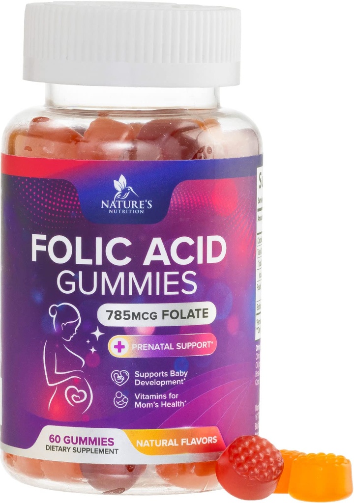 Gume de acid folic pentru femei 785 mcg, Vitamine prenatale esentiale pentru mama si copil, Vegan supliment folicular Gummy, Daily Vitamina B9 surplus de putere Folat, Înainte de a în timpul sarcinii - 60 gume