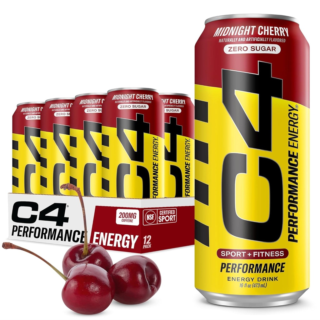 C4 Energie Carbonată Zero Băutură de zahăr, Băutură Pre-Funcție + Beta Alanine, Cherry Midnight, 16 Fl Oz (Pachet de 12)