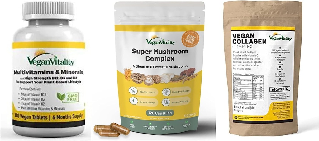 Vegan Vitality Booster Suplimente Bundle - Vegan multivitamine, Colagen și Complex Super Mushroom. Formulă pe bază de plante de înaltă rezistență pentru sănătatea generală pentru vegetari și vegetari
