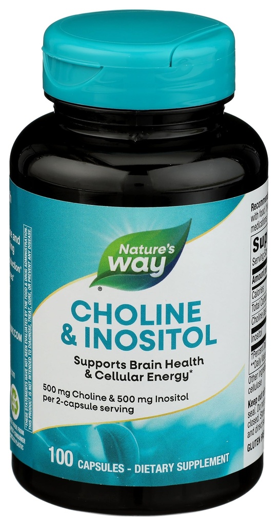 Calea naturii Choline & Inositol, susţine sănătatea creierului şi energia celulară*, 500 mg colină & 500 mg Inositol per 2 capsule de servire, gluten Free, 100 capsule (Packing May Vary)