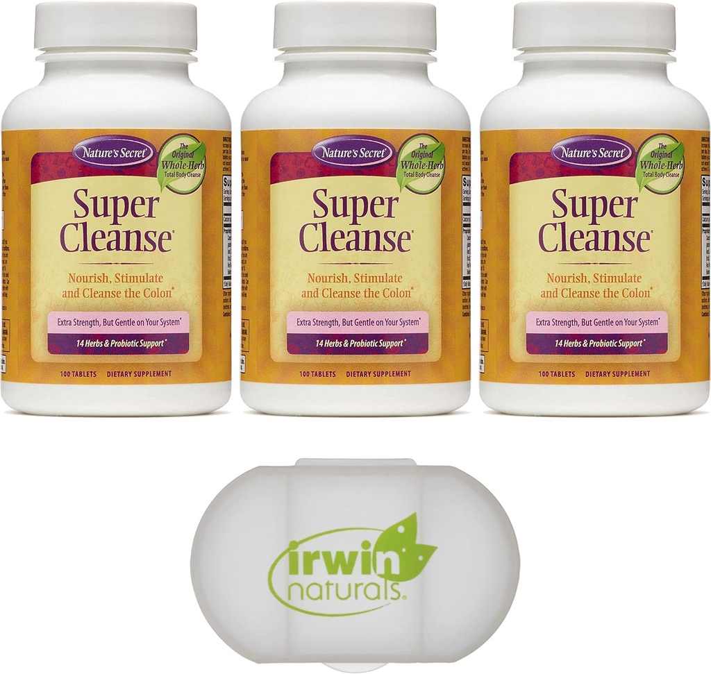 Secretul naturii Super Cleanse Toxina dezintoxicare și eliminare ușoară Total organism Curățare, Digestive & Colon Health Support, 3 cutii de 100 comprimate, cu un caz de pastila