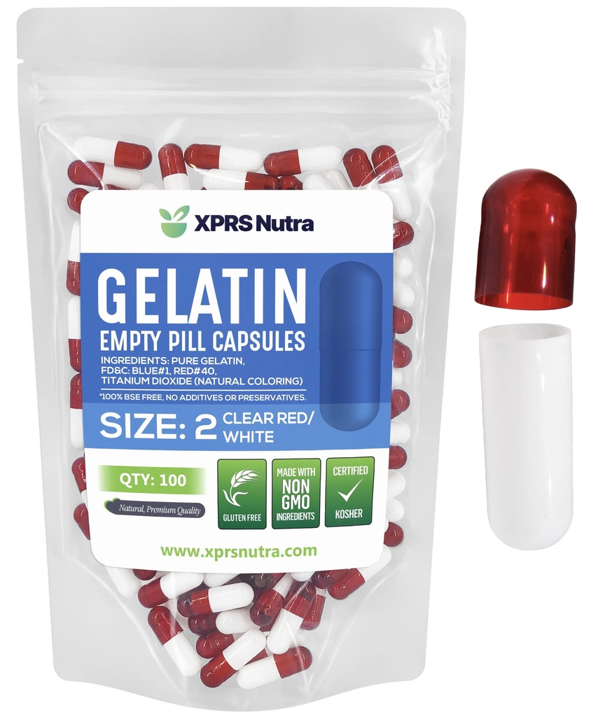 XPRS Nutra Dimensiune 2 Capsule goale - 100 Capsule gelatinoase goale - Pastile de umplere capsule DIY - Capace pure de gel pentru pastila bovină pentru suplimentele de do-it-tu (roșu/alb)