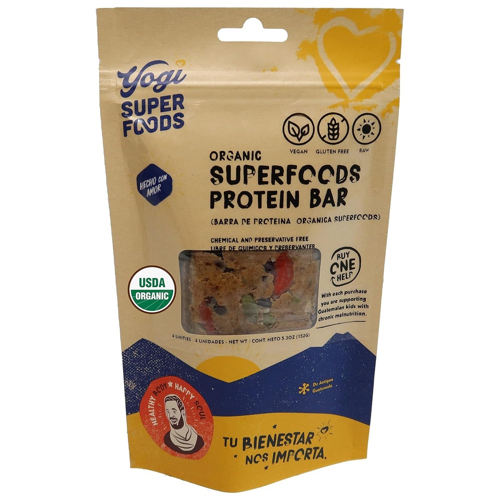 Yogi Super Foods Maca Proteine Baruri cu Cacao pentru energie sanatoasa - brut, Vegan, Gluten gratuit, Glycemic scăzut Superfood Snack Baruri alimentare cu proteine de plante, pulbere de cacao & Granola - 4 Baruri