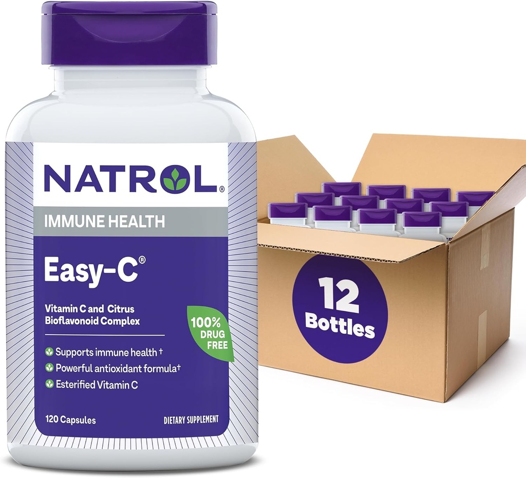 Natrol Easy-C sprijină sănătatea imună cu vitamina C şi bioflavonoizi, Bios Vegi Capsule, 500 mg, 120 Conte (Pachet de 12)