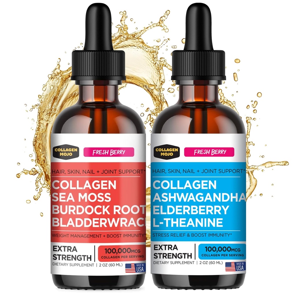 Colagen Mojo Liquid Colagen Peptides with Sea Moss, Brodock Root & Bladderwrack + Liquid Colagen Peptides with Ashwagandha, Elderberry & L-Theanine
