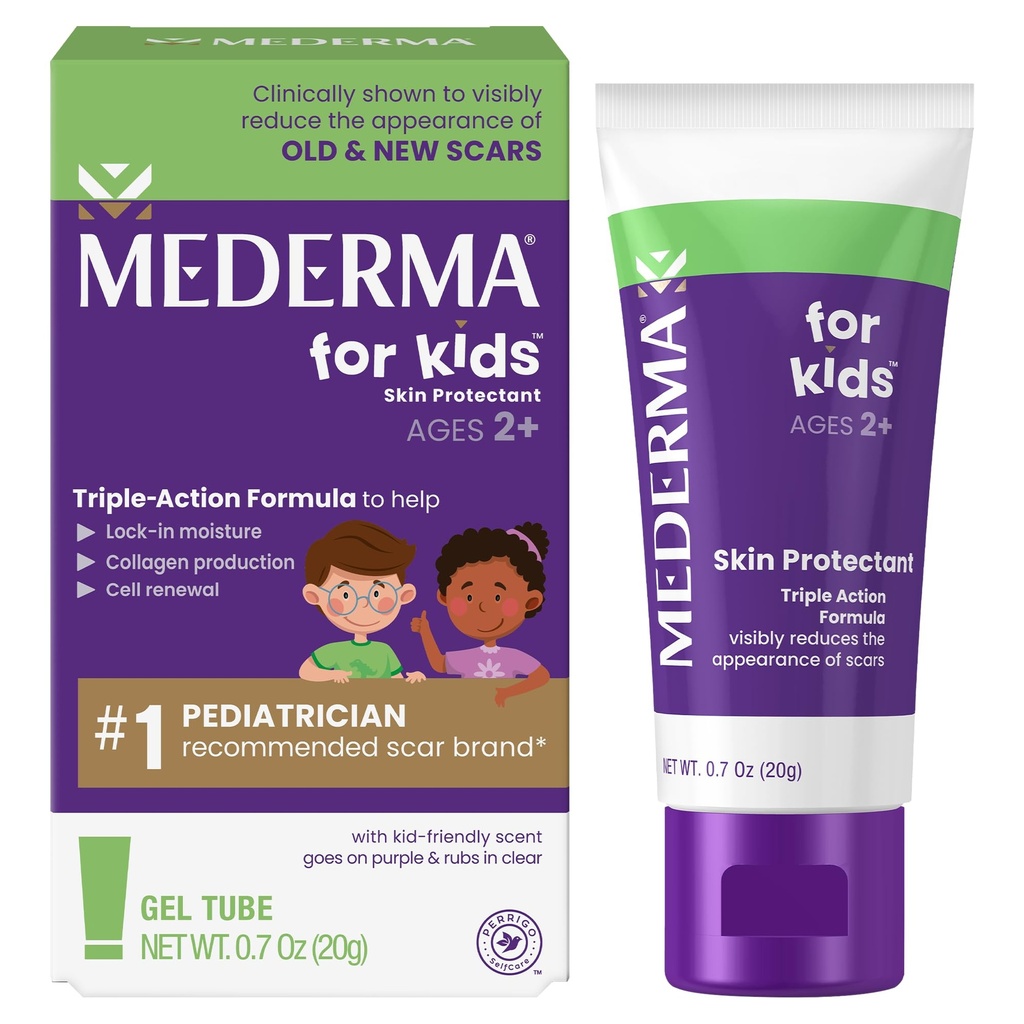Mederma Scar Gel pentru copii - Reduce aparitia cicatricilor vechi si noi din taieturi, Burns, Chirurgie, Insecte Bite & Scrapes, Grape Scented, Merge pe Purple & Rubs in Clear, Vârste 2+, 0.70 Oz