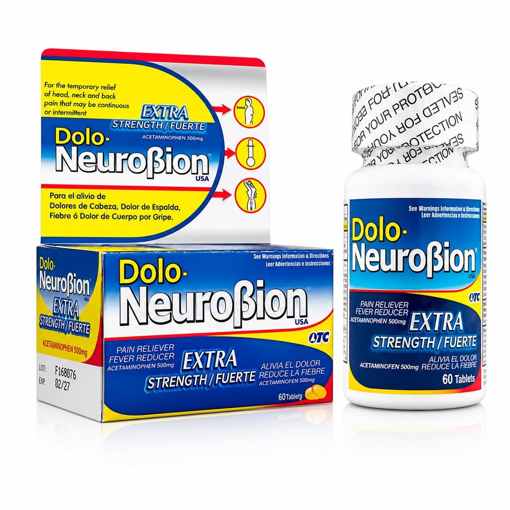 Dolo Neurobion Pain Relieiver, Reducator de febră, Extra Putere. Alivia el Dolor, Reduce la Fiebre, Extra Fuerte. 60 comprimate. Acetaminofen 500 mg