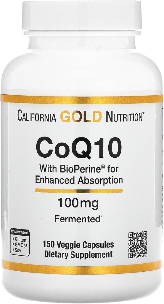 CoQ10 by California Gold Nutrition - USP-Verified, Fermented Cozyme Q10 with BioPerine - Mitocondrial Support - Vegan Friendly - Gluten Free, Non-GMO - 100 mg - 150 Veggie Capsule