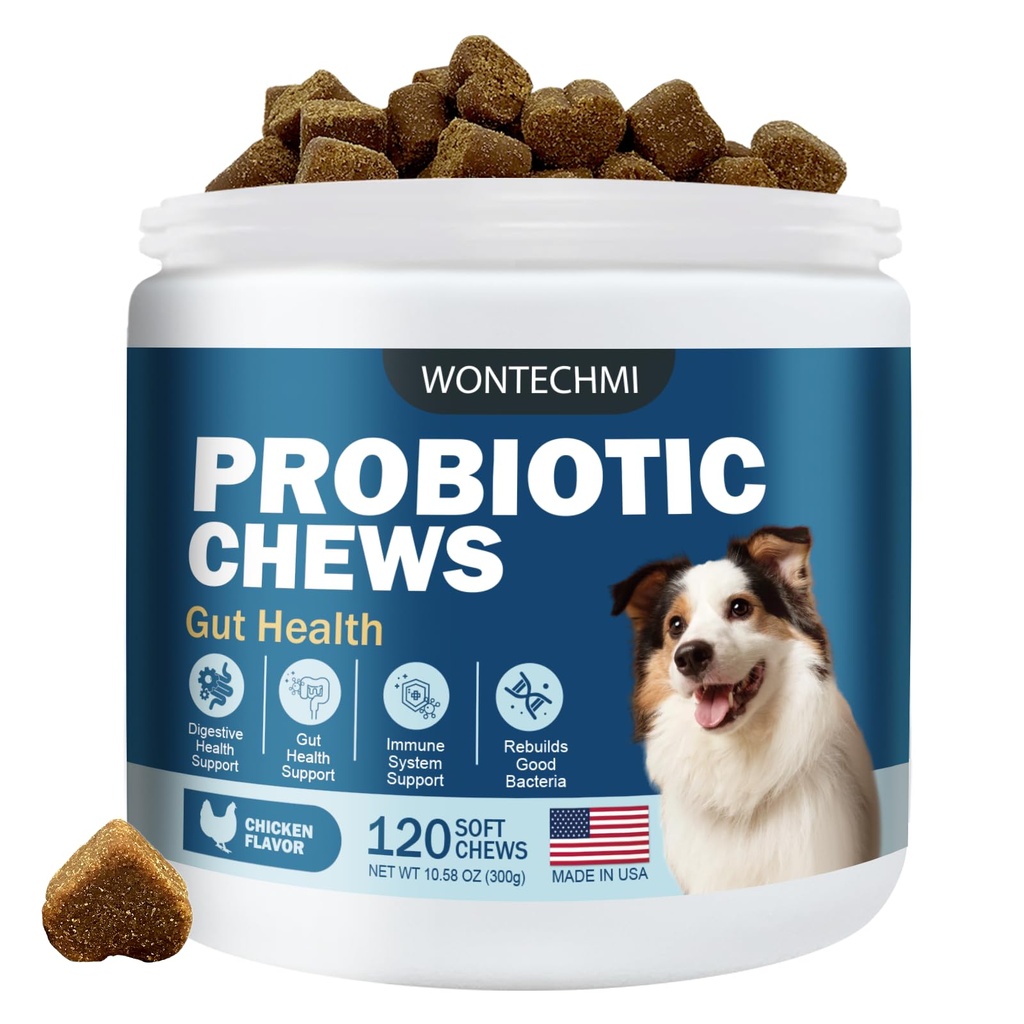 Probiotice pentru câini, Îmbunătățirea mâncărimile pielii Urechi, Sanatate Guts, Echilibru Drojdii, Alergii, Imunitate, Probiotice Dog și Enzime digestive cu prebiotice, Reduce diaree (Chicken, 120 de mestecate)