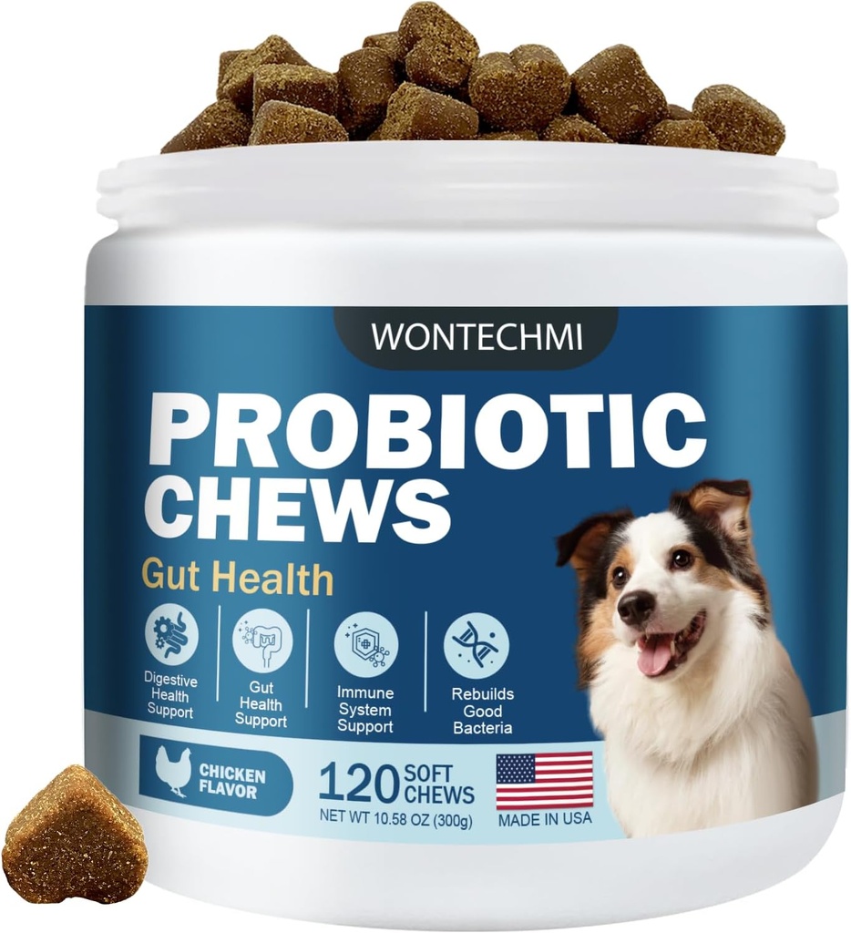 Probiotice pentru câini, Îmbunătățirea mâncărimile pielii Urechi, Sanatate Guts, Echilibru Drojdii, Alergii, Imunitate, Probiotice Dog și Enzime digestive cu prebiotice, Reduce diaree (Chicken, 120 de mestecate)