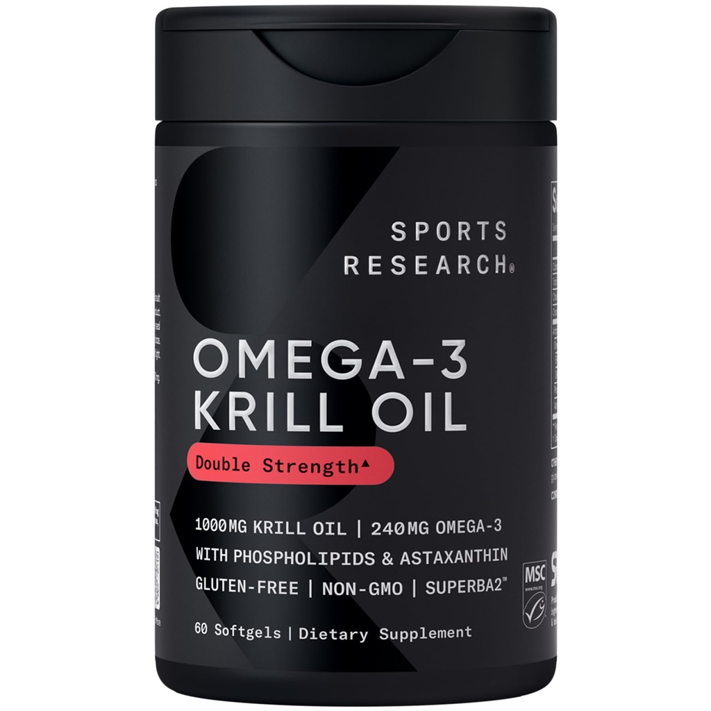 Sport de cercetare Krill Suplimentul de ulei cu EPA & DHA Omega 3, Fosfolipide și astaxantină din Antarctica Krill - cea mai mare concentrație de ulei Krill pentru bărbați și femei - 1000mg, 60 capsule Softgel