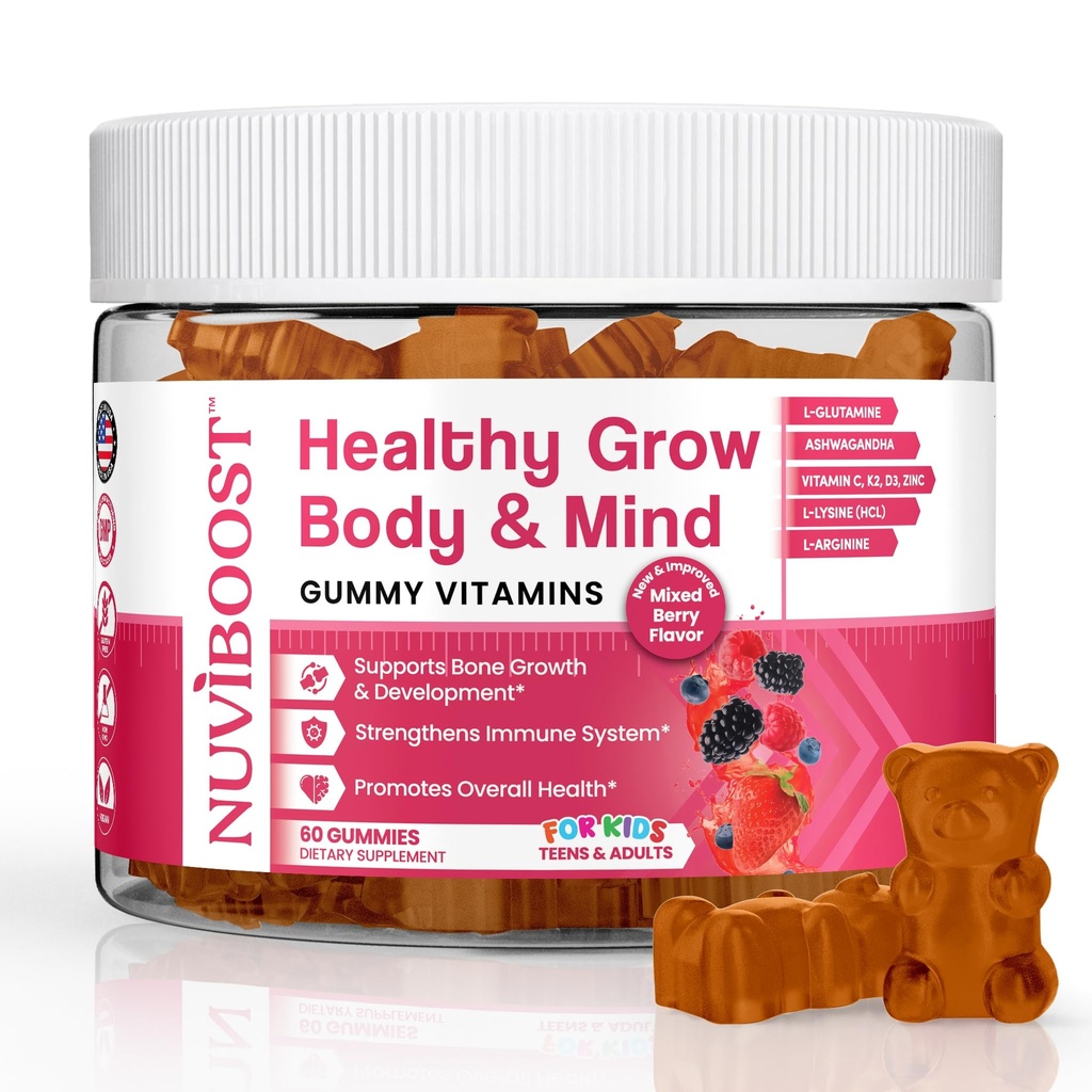 Crestere sanatoasa Inaltime Gummies bogat în calciu, vitamine C, D3, K2, L-Arginină, Ashwagandha, și alții, Boost Bone Health & Imunitate, Multivitamine, pentru copii 5+, Adolescenți și Adulți.