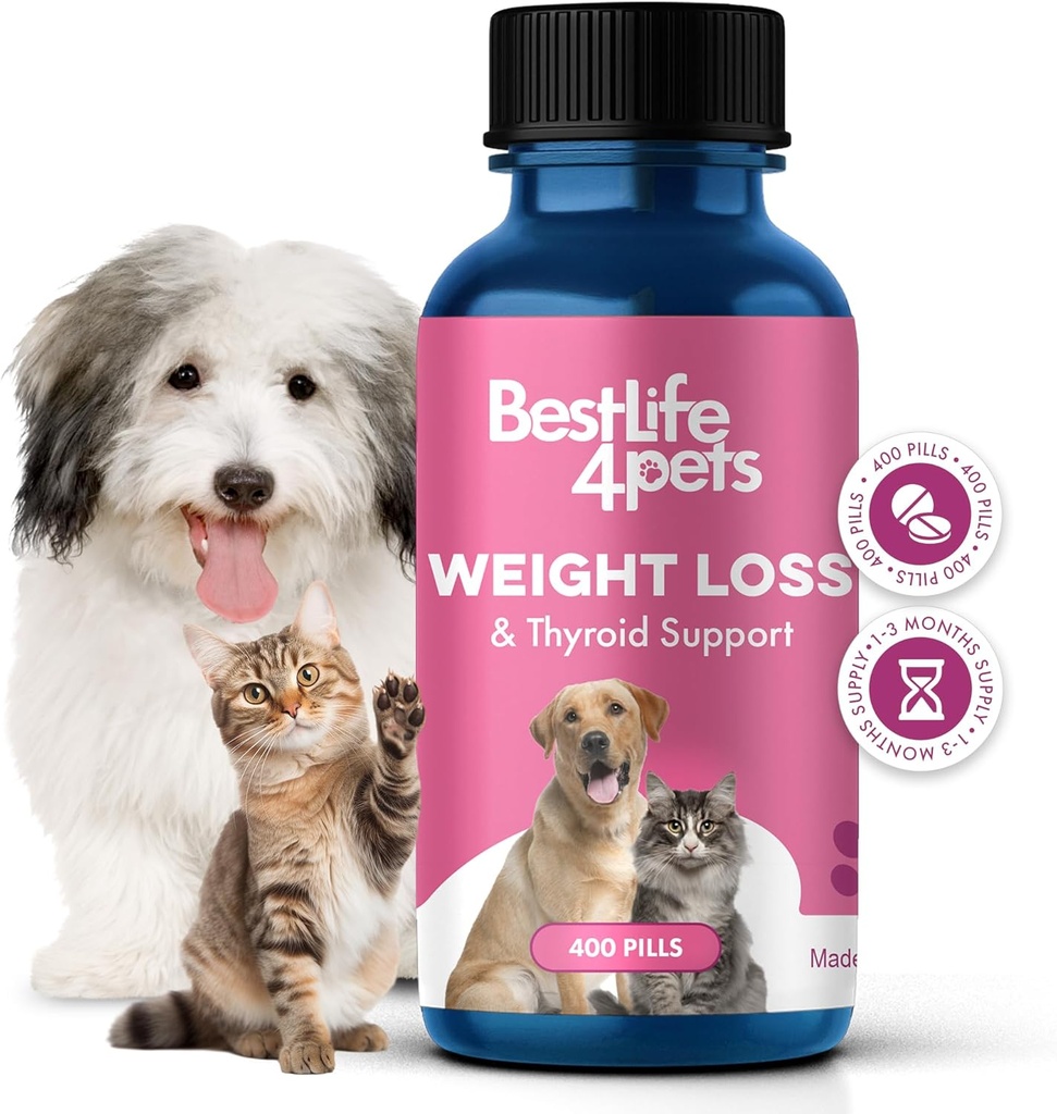 Weight & Thyroid Support for Dogs and Cats, Natural Solution for Hunger Control, Metabolism Support, Optimal Thyroid Function, Effective Dog & Cat Weight Loss, 400 Odorless, Tasteless Pills