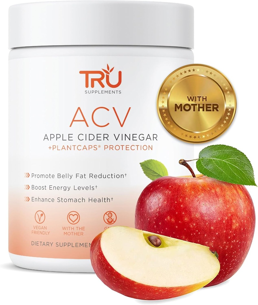 Suplimente TRU ACV, Oţet de cidru de mere, ACV organic cu mama, Îmbunătăţeşte digestia şi sănătatea pielii, 45 Servings, 1000mg