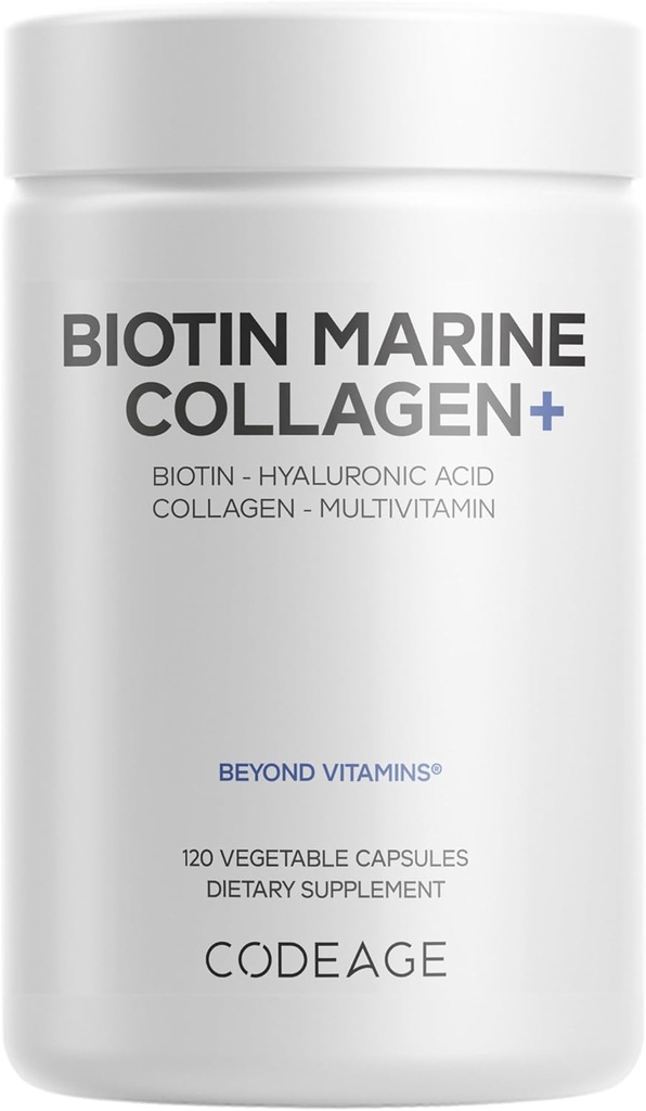 Codeage Biotin Marine Colagen Peptides - Salbatice-Caught Marine Colagen Tipuri I & III, Biotin, Vitamine C & E, Acid hialuronic, Aminoacidi, Fructe și Herb Blend, Non-GMO - 120 capsule