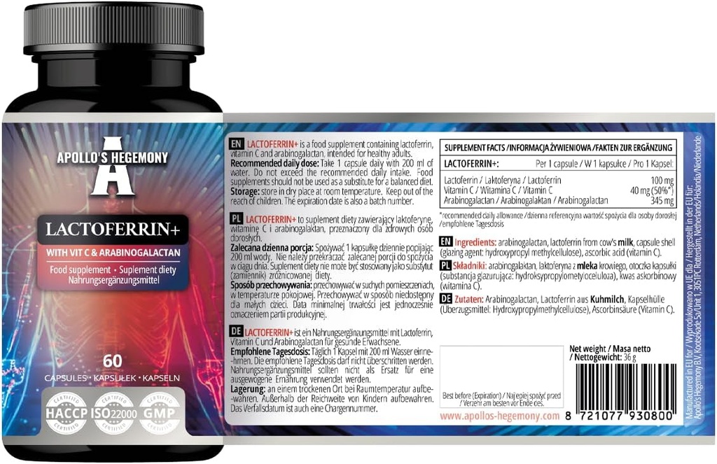 Lactoferină APOLLO'S HEGEMONY+ 100 mg - cu vitamina C și arabinogalactan - 60 capsule Vegane - 2 luni de aprovizionare - pentru imunitate îmbunătățită și absorbție de fier