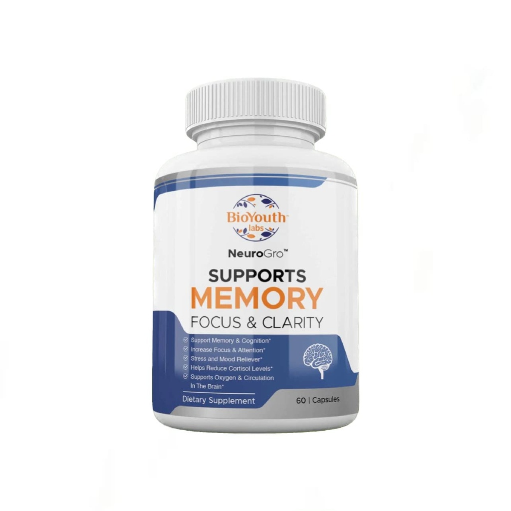Labs NeuroGro Natural Brain Supplement for Adulti, 60 Capsule - Amestec nutritiv de Bacopa Monnieri, Ginkgo biloba, Melissa Officinalis & Citicolină pentru Brain Focus & Memory