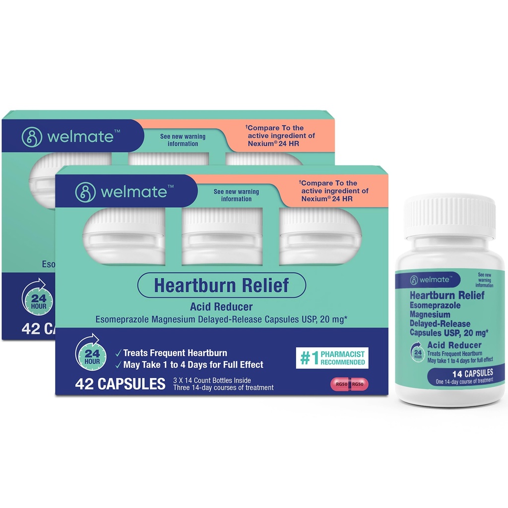 WELMATE - Esomeprazole Magneziu 20 mg - Heartburn Medicine - Acid Reductor - Relief cu eliberare întârziată - 24 ore de protecţie - pentru bărbaţi şi femei - 84 capsule - 2 cutii