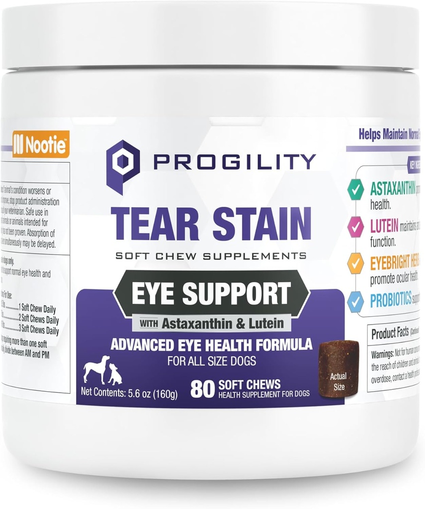 Nootie Progility Tear Stain Supliment pentru câini, Advanced Eye Health Formula, Helps Minimize Tear Stains, 80 Chews, Vândut în peste 5000 Vet Clinici și Pet Magazine din întreaga lume