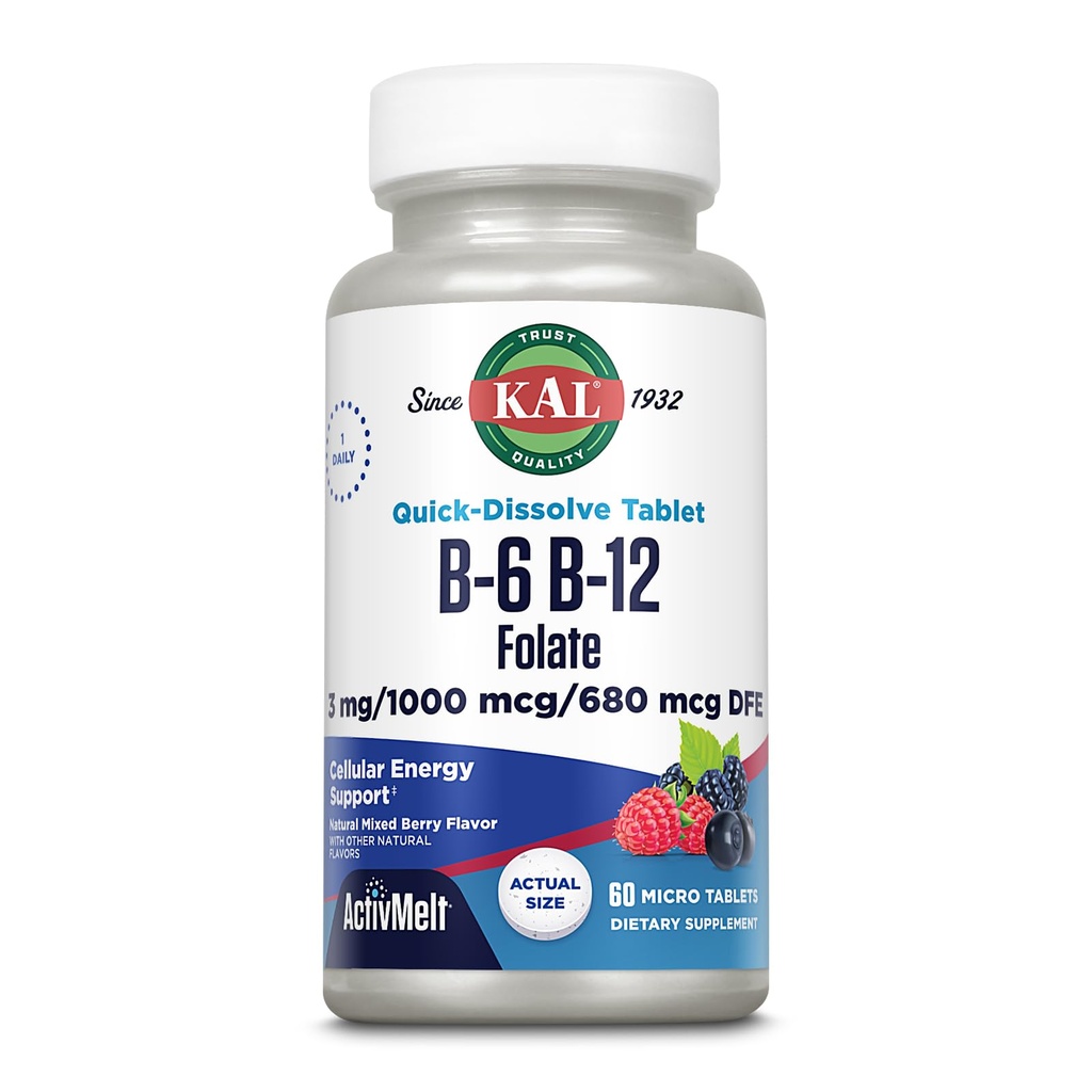 KAL Vitamina B-6, B-12 & Acid folic Supliment, Heart Health, Energy & Red Blood Cell Support*, cu vitamina B12 Metilcobalamină & Folat, aroma naturală Berry, 60 Servings, 60 ActivMelt Micro Tablets