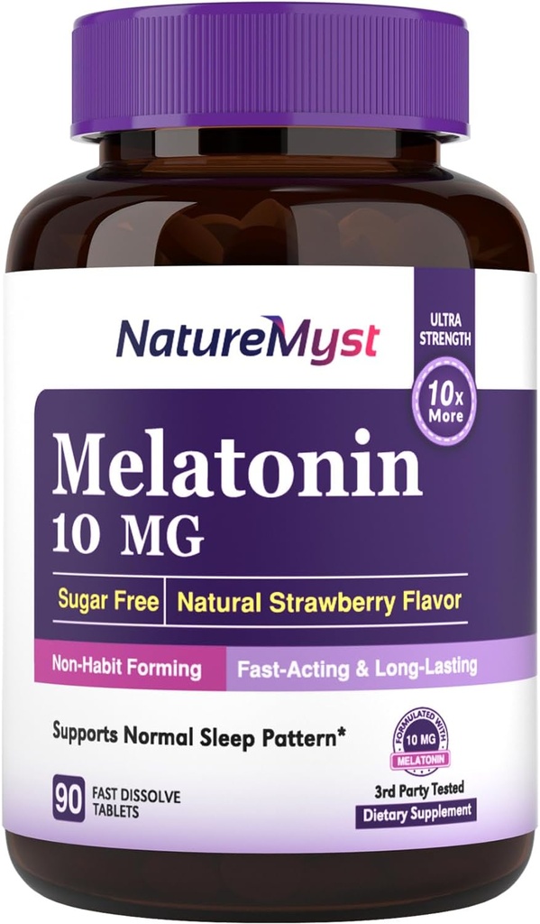 Melatonină 10 MG, comprimate de dizolvare rapidă, Ultra Putere, non-Habit de formare, Sleep & Calmness Support, Fără zahăr, Aromă naturală de căpșuni, 90 comprimate