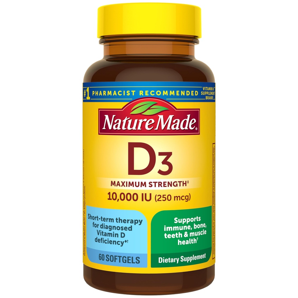 Natural Made Vitamina D3 10000 UI (250 mcg) Concentraţie maximă, Vitamina D Supliment pentru Bone şi Immune Health Support, 60 Softgels, 60 zile de aprovizionare