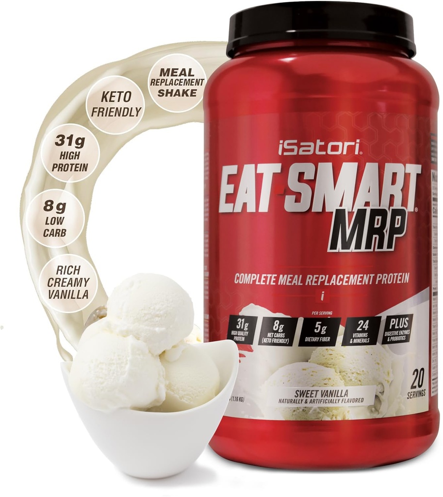 iSatori Mănâncă inteligent MRP, Proteine de mare masa Shake cu pulbere de proteine Whey, Probiotice pulbere, Casein Proteine, Ulei MCT, Album de ou, Vitamine & Minerale, Keto, Aroma de vanilie, 20 Serviri