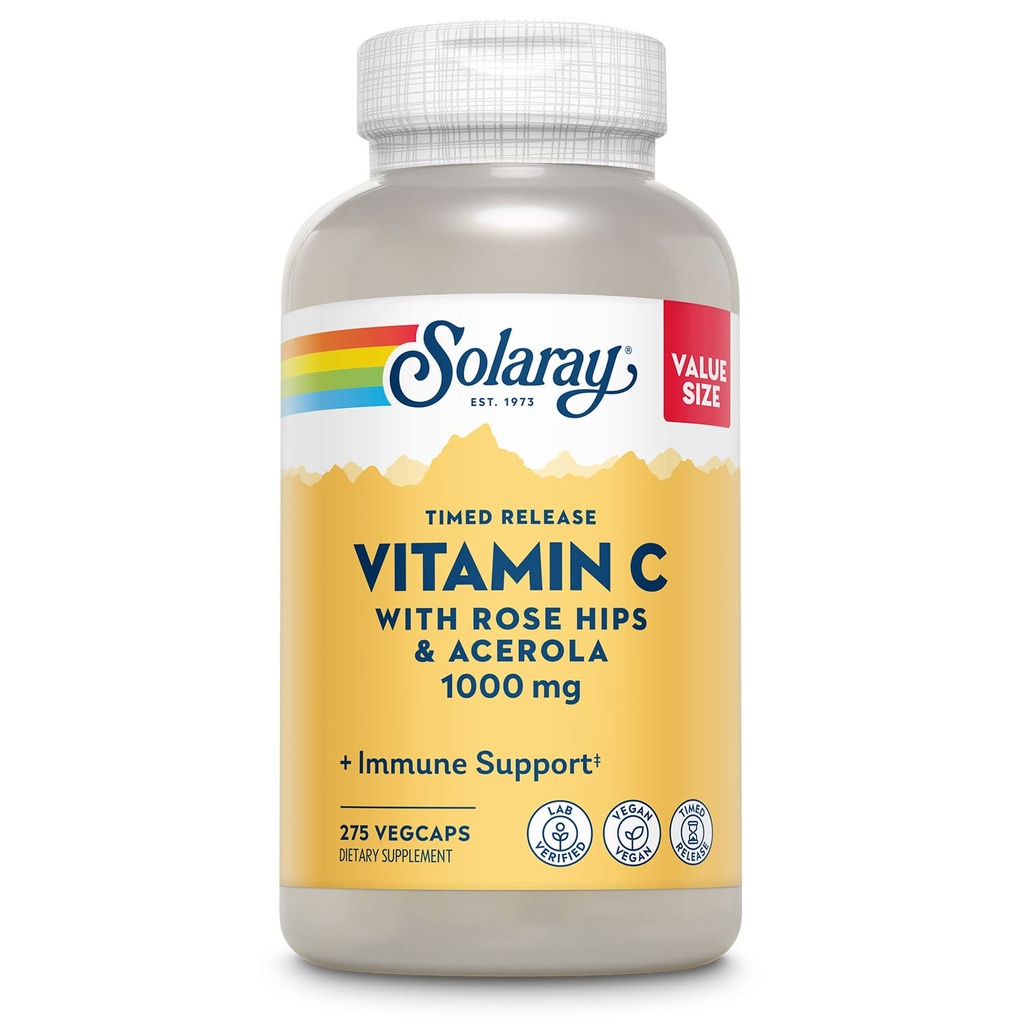 SOLARAY Vitamina C 1000 mg capsule cu eliberare temporizată cu Rose HIPS & Acerola Bioflavonoids, două etape pentru absorbţie mare şi tot sprijinul funcţiei imune de zi, 60 de zile de garanţie, 275 Serviri, 275 VegCaps