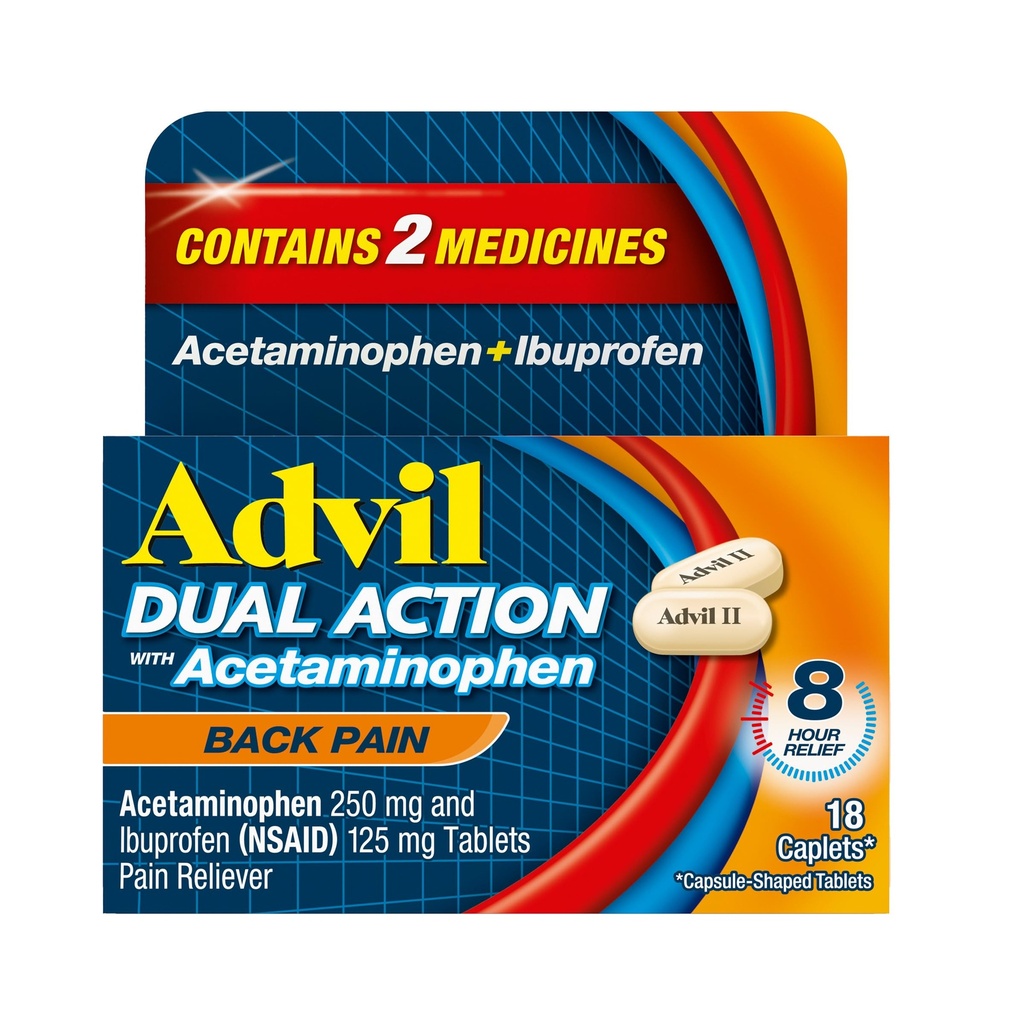 Advil Dual Acţiune înapoi Caplete de durere Livrează 250 mg Ibuprofen şi 500 mg Acetaminofen per doză timp de 8 ore de ajutor dureri de spate - 18 Conte