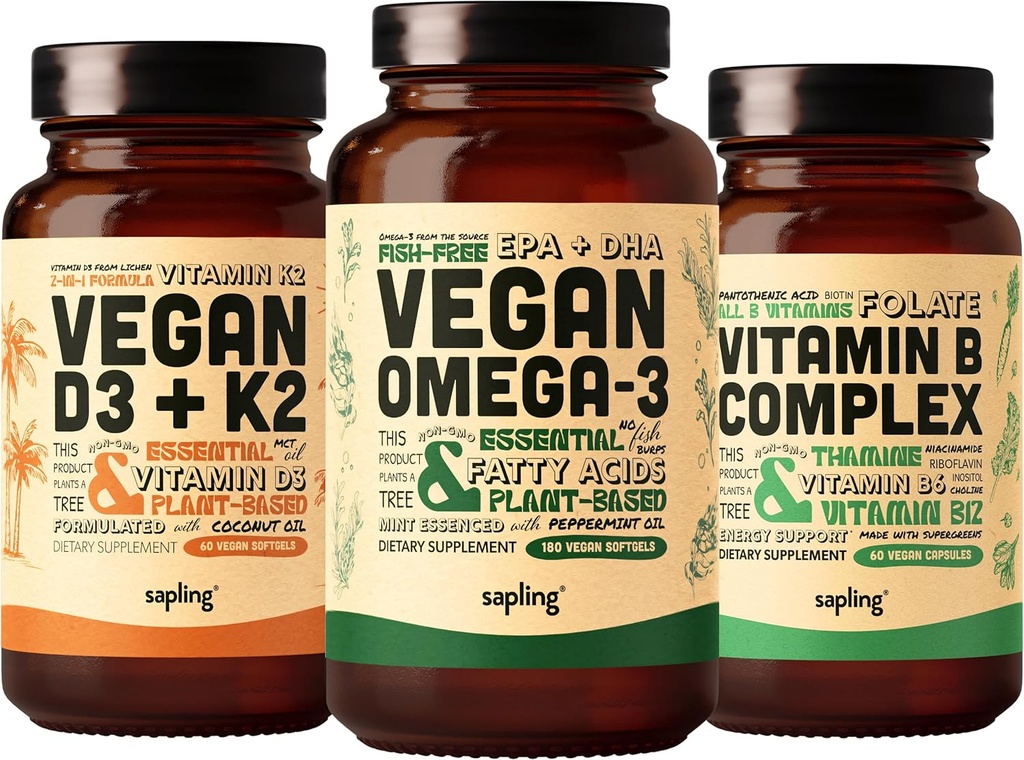 Omega Vegan 3 180 Softgels & Vegan D3 + K2 & Vitamin B Complex Bundle - Acid gras pe bază de plante DHA & EPA, 4000 UI vitamina D3 și 100mcg Vitamina K2, vitaminele esențiale B