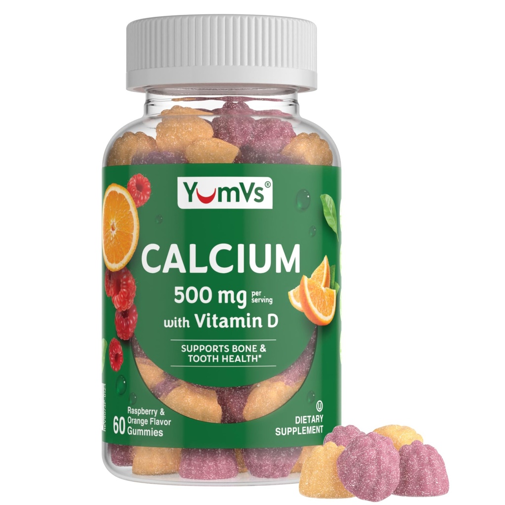 YumVs Calciu 500mg cu vitamina D3 - Raspberry & Orange Aromă de calciu Vitamina D Gumies, Supliment de calciu masticabil pentru copii și adulți, Vitamina D Gumies de calciu, Kosher Halal Gluten gratuit (conte 60)