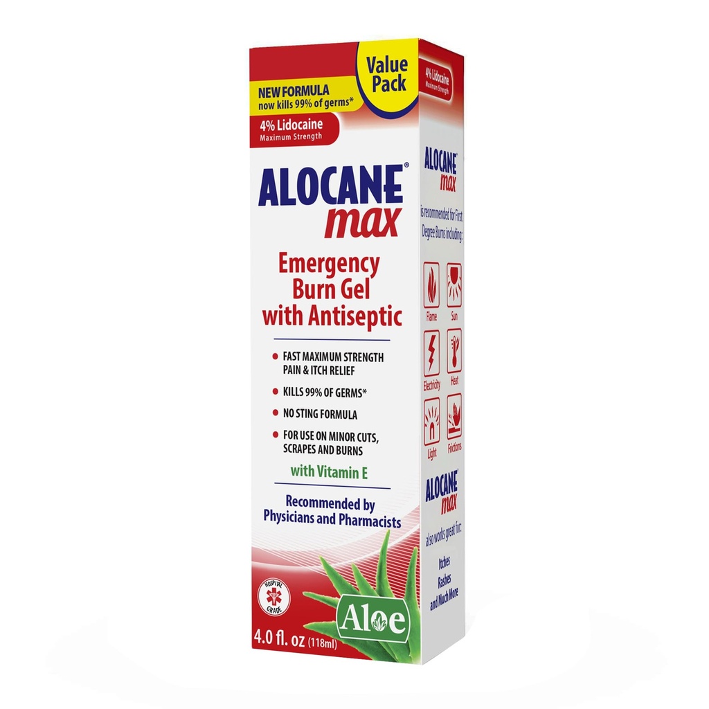 Alocane Max Emergency Burn Gel, 4% Lidocaină Hydrochloride, .13% clorură de benzalconiu, Relief de putere maximă, Mâncărime Relief, Pentru Arsuri solare, Bucătărie, Radiații, Chimie, Prima Degree Burns, 4 Fl Oz
